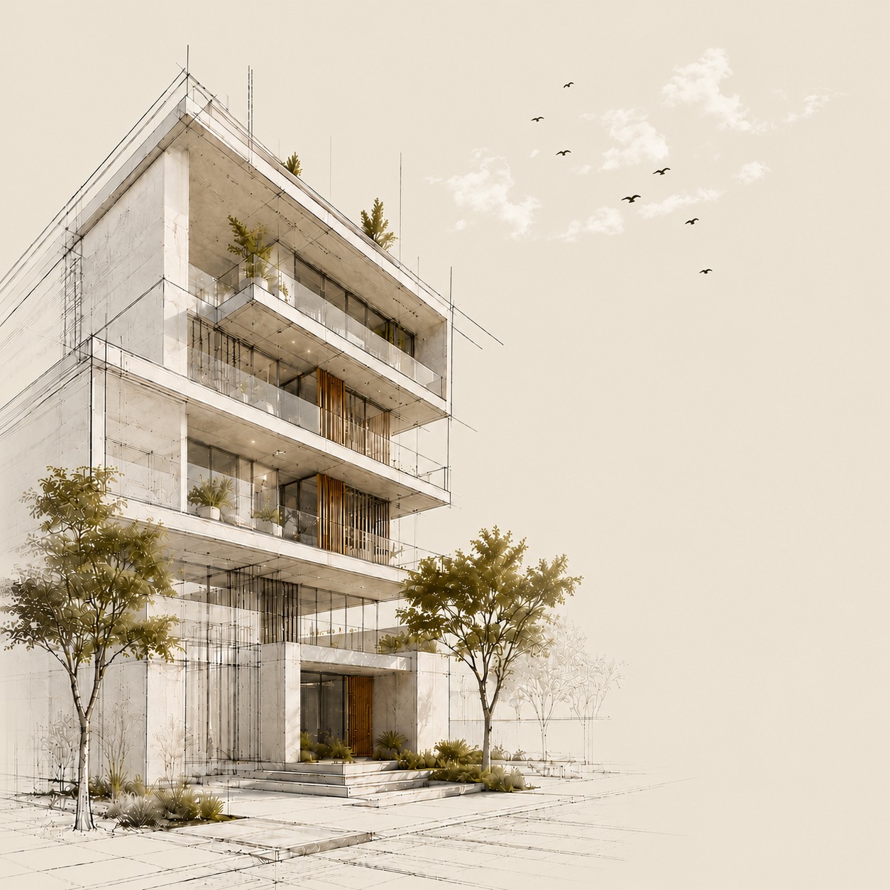 Render arquitectónico de un edificio en desarrollo